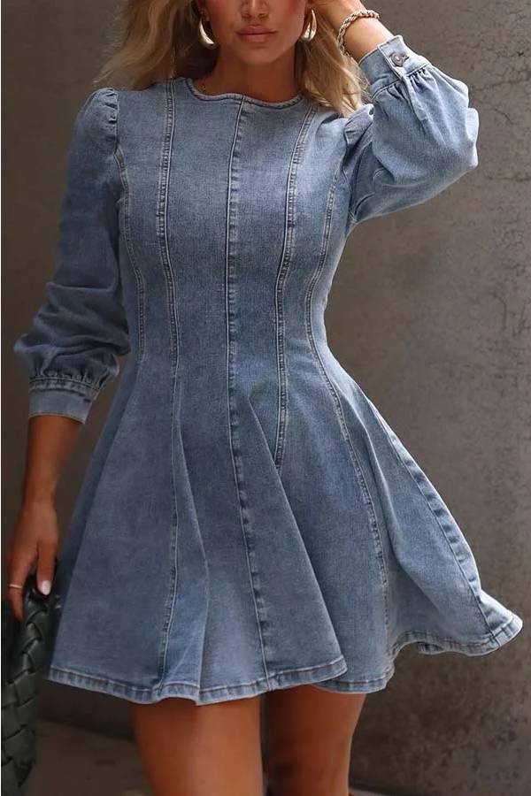 Valenzora | Fade Into You Denim Princess Line Back Zipper Flare Stretch Mini Dress