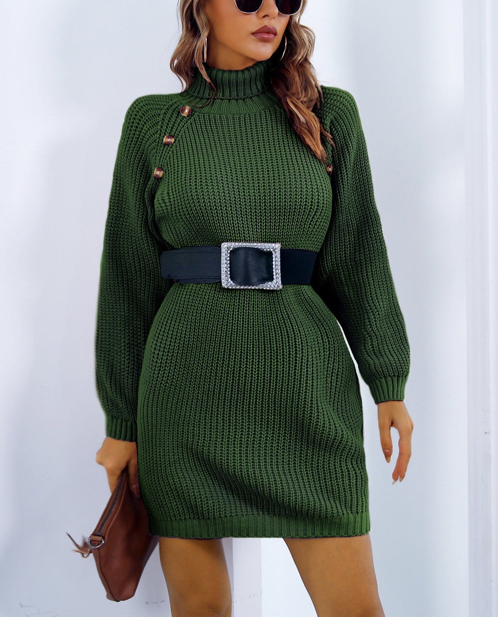 Valenzora | Chic autumn knit dress with collar and button closure for women