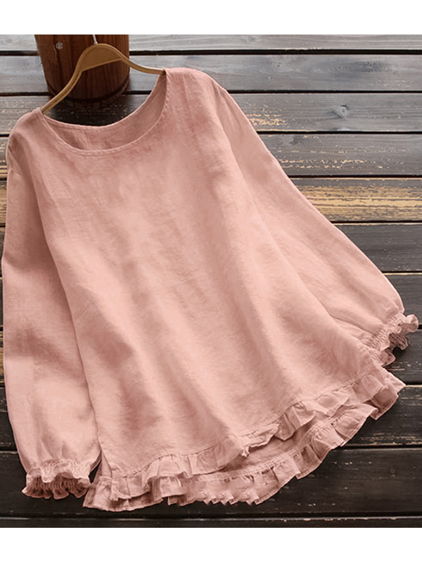 Valenzora | O-neck Solid color Long sleeves Ruffled Linen Tops