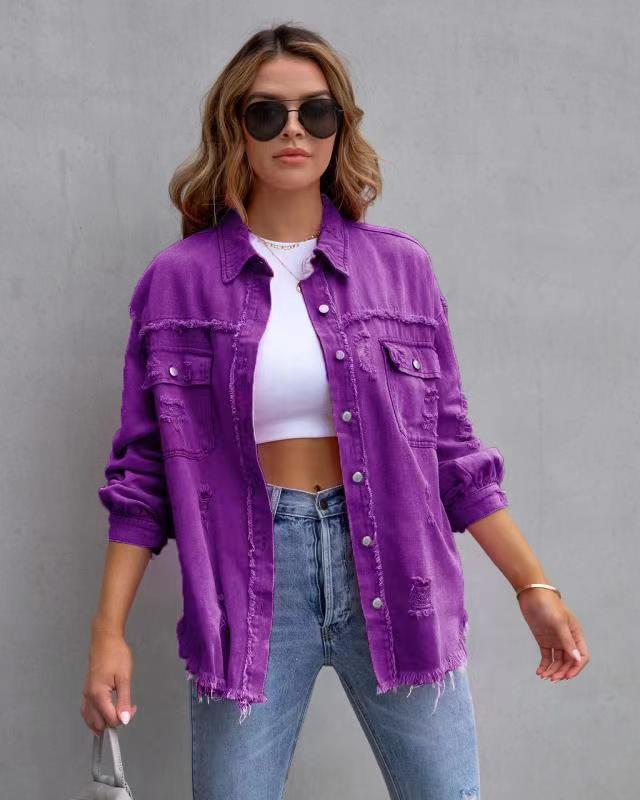 Valenzora ripped shirt jacket, women's autumn and spring casual tops, women's clothing