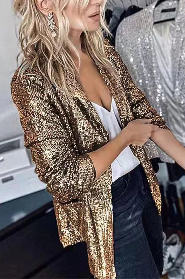 Valenzora | Women's Sequin Blazer with Long Sleeves and Lapel