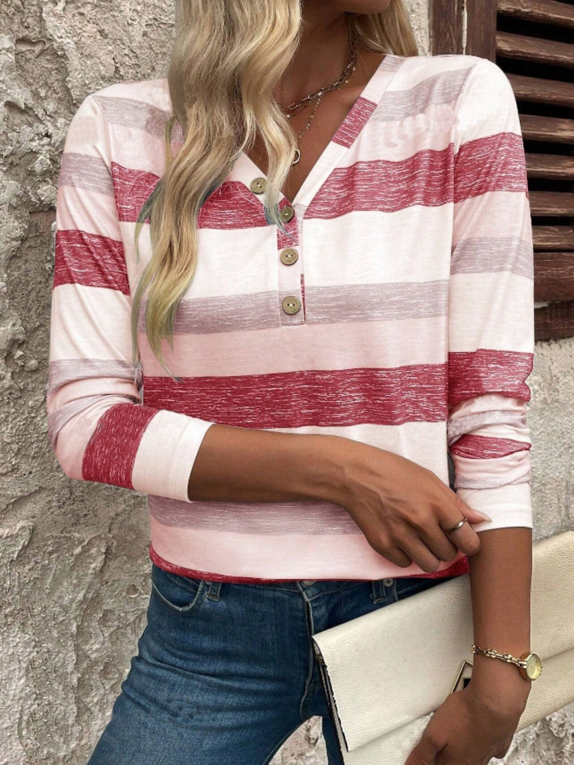 Valenzora | Contrast striped V-neck long-sleeved T-shirt