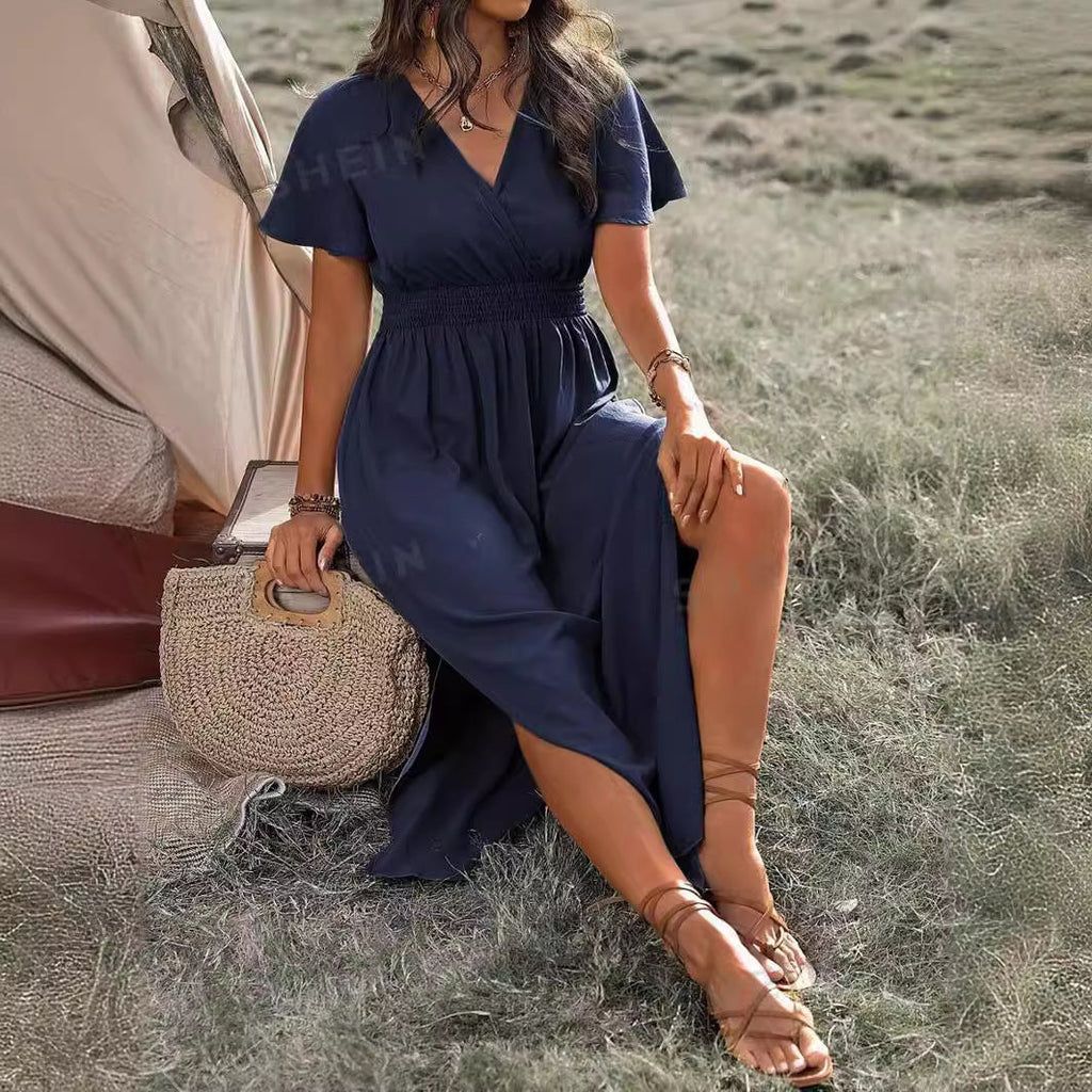 Valenzora | Elegant short-sleeved dress with choir collar