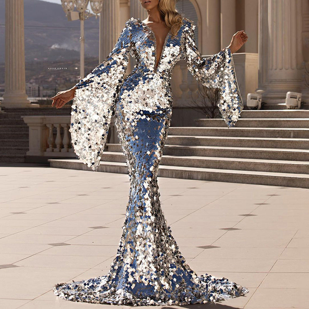 Valenzora | Enchanting Sequin Silver Party Cover-Up Hip Evening Dress