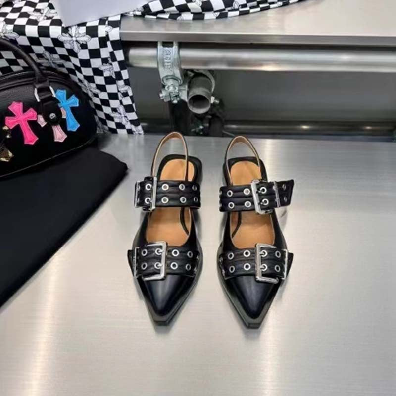 Valenzora | Pointed toe belt buckle mules leather flat sandals