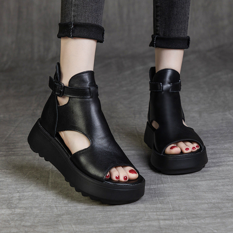 Valenzora | Summer New Retro First Layer Cowhide Back Peep Toe Sandals for Women
