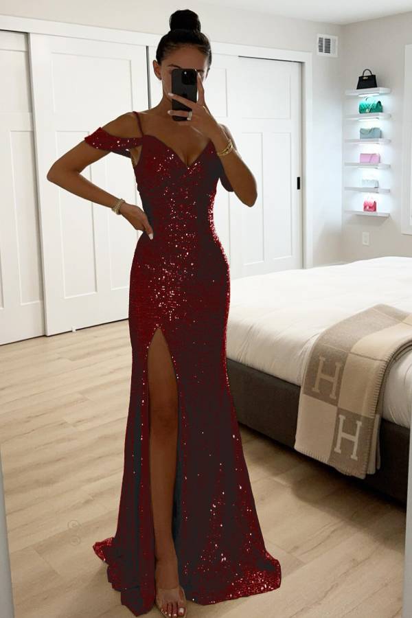 Valenzora | Sequined Lace Mermaid Prom Dresses with Slit Off-Shoulder Evening Dress