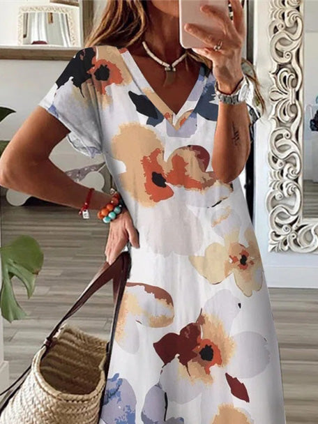Valenzora | Damen V-Ausschnitt Kurzarm-Schlitzkleid mit Blumenmuster