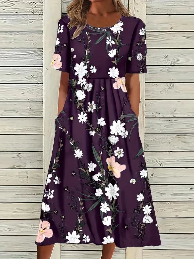 Valenzora | Midikleid mit Blumenmuster, Rundhalsausschnitt, kurzen Ärmeln, luftig und bequem