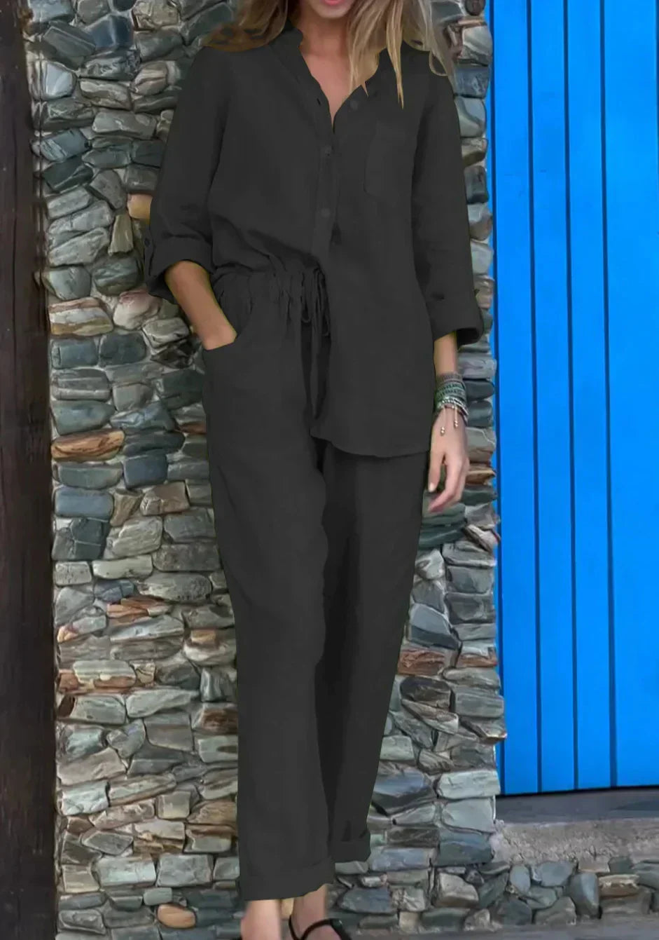 Valenzora | Casual V-neck shirt & trousers cotton-linen set