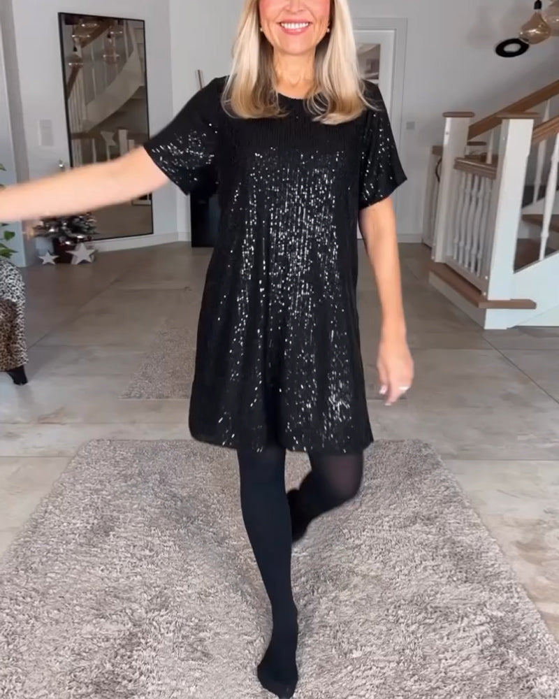 Valenzora | Kurzärmeliges Kleid mit Rundhalsausschnitt und Pailletten