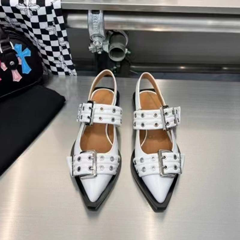Valenzora | Pointed toe belt buckle mules leather flat sandals
