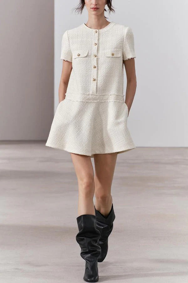 Valenzora | 1960s London Girl Tweed Textured Short-Sleeved Dress with Gold Buttons and Pockets