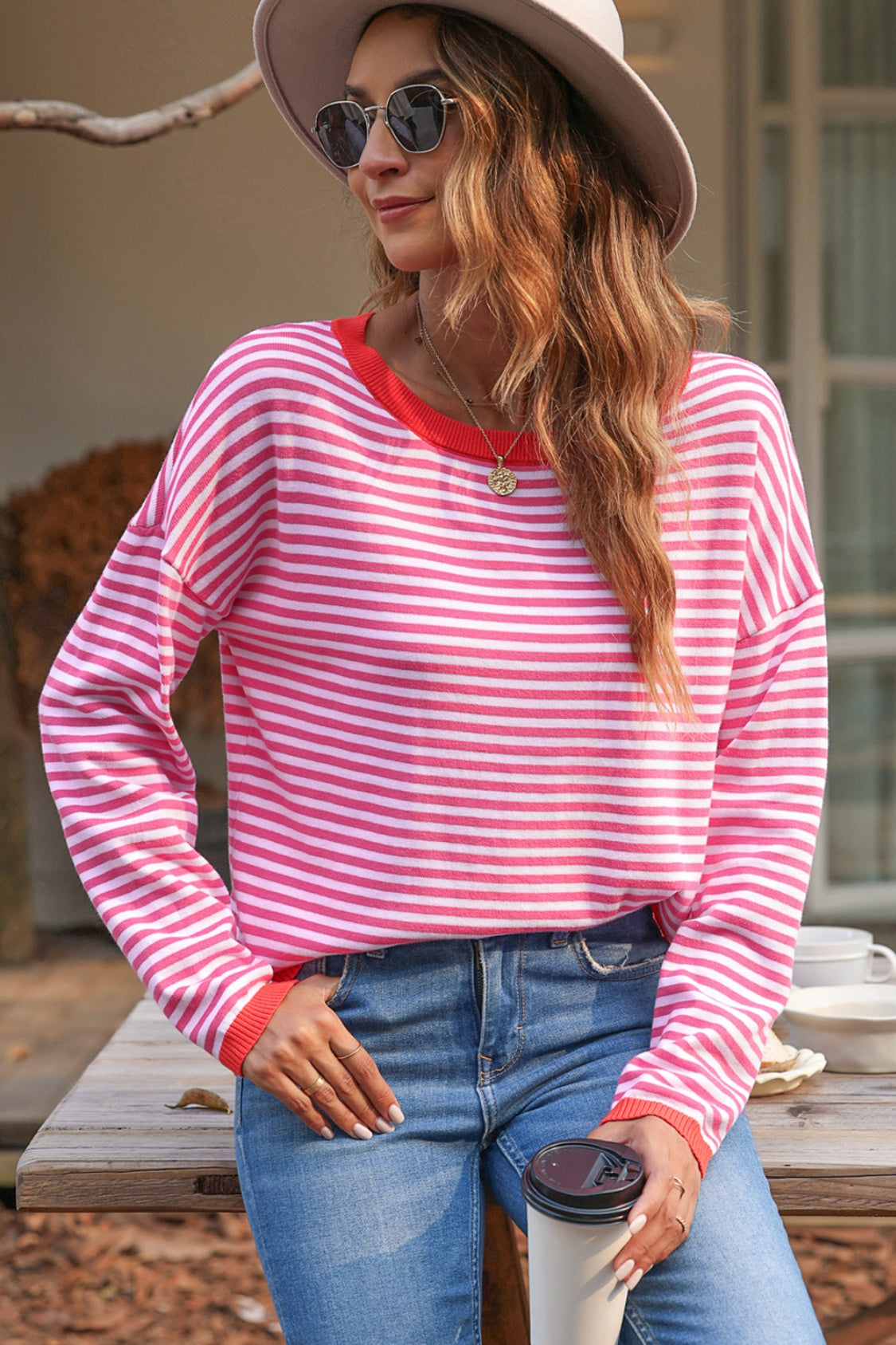 Valenzora | Striped crew neck drop-shoulder T-shirt