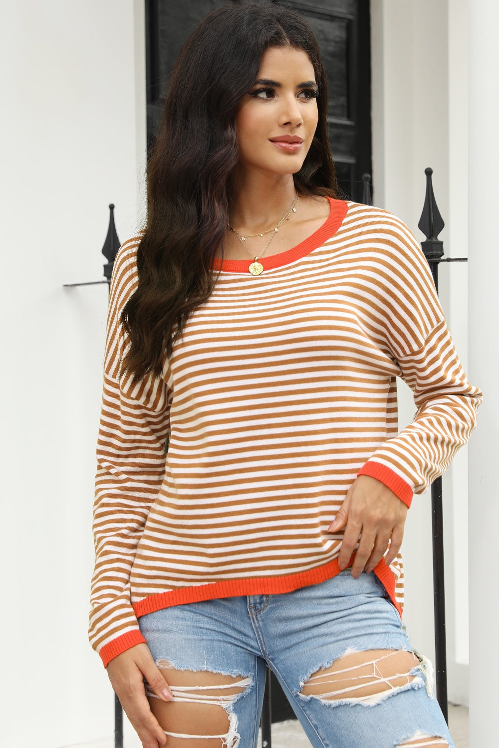 Valenzora | Striped crew neck drop-shoulder T-shirt