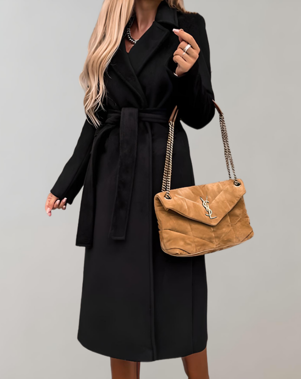 Lange Herbstjacke für Damen mit Reverskragen und Gürtel