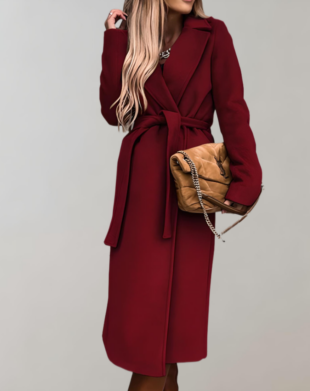 Lange Herbstjacke für Damen mit Reverskragen und Gürtel