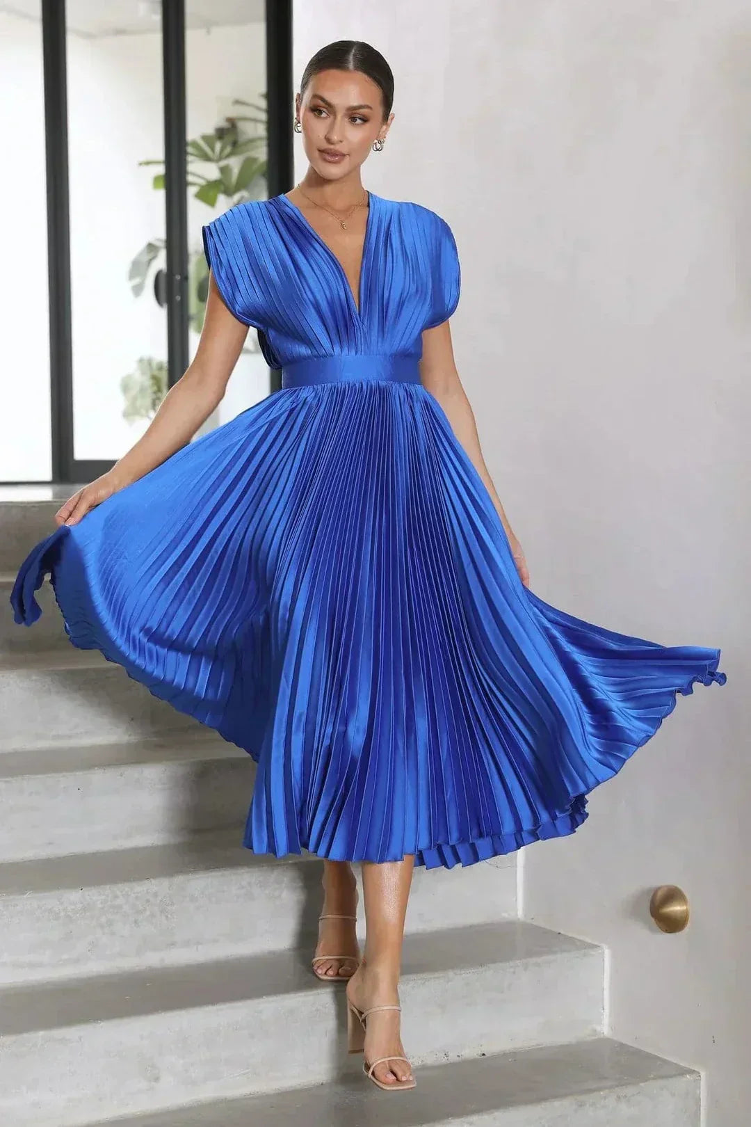 Valenzora | Pleated Plunge Midi Dress