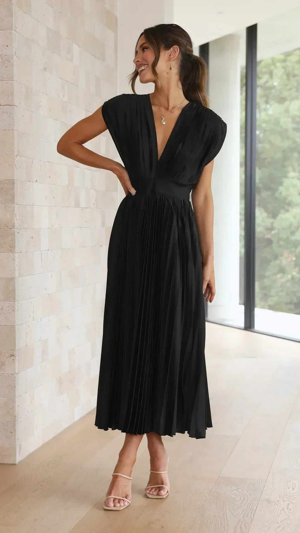 Valenzora | Pleated Plunge Midi Dress