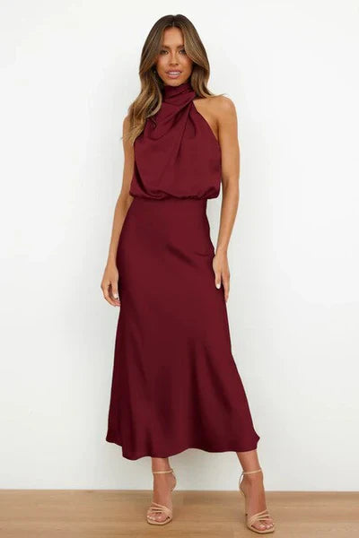 Valenzora | Elegantes Neckholder-Midikleid für Damen mit hohem Kragen und Satin-Optik