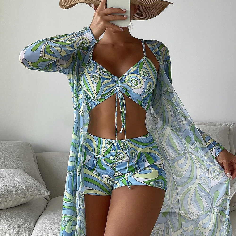 Valenzora | Athletic Printed Boyshort Bralette Brazilian Three-Piece Bikini Swimsuit