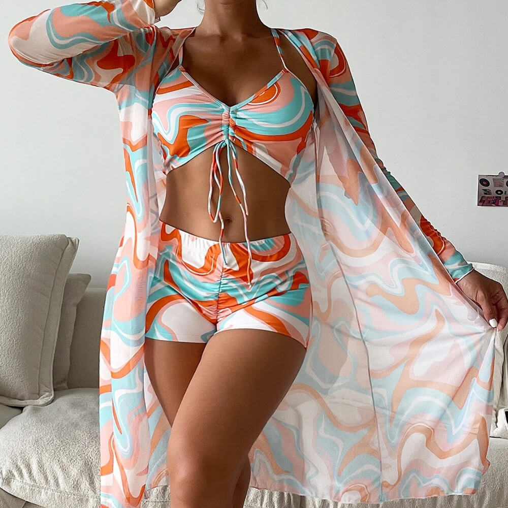 Valenzora | Athletic Printed Boyshort Bralette Brazilian Three-Piece Bikini Swimsuit