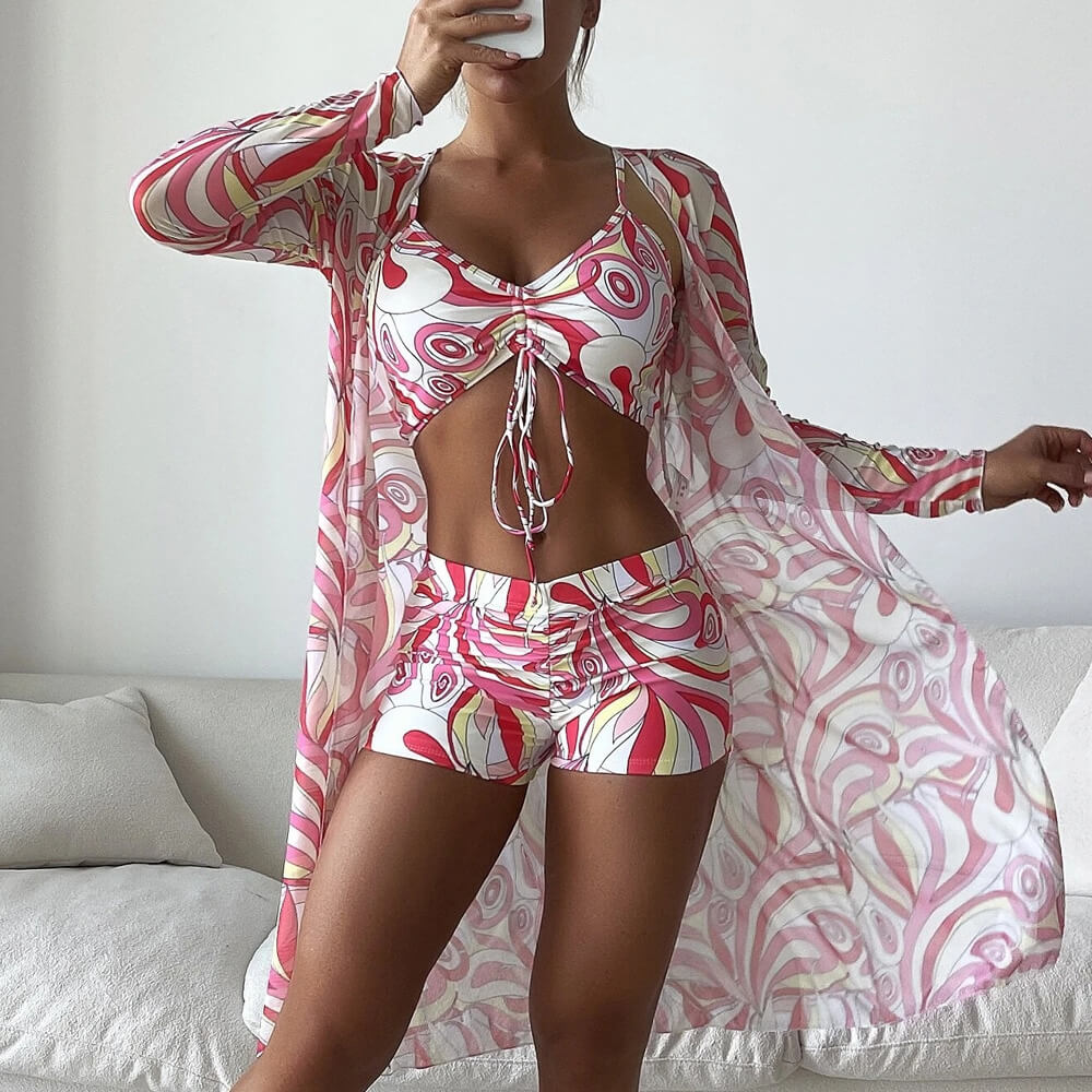 Valenzora | Athletic Printed Boyshort Bralette Brazilian Three-Piece Bikini Swimsuit