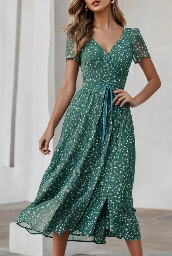 Valenzora | Stunning Short Sleeve Green V-Neck Midi Dress