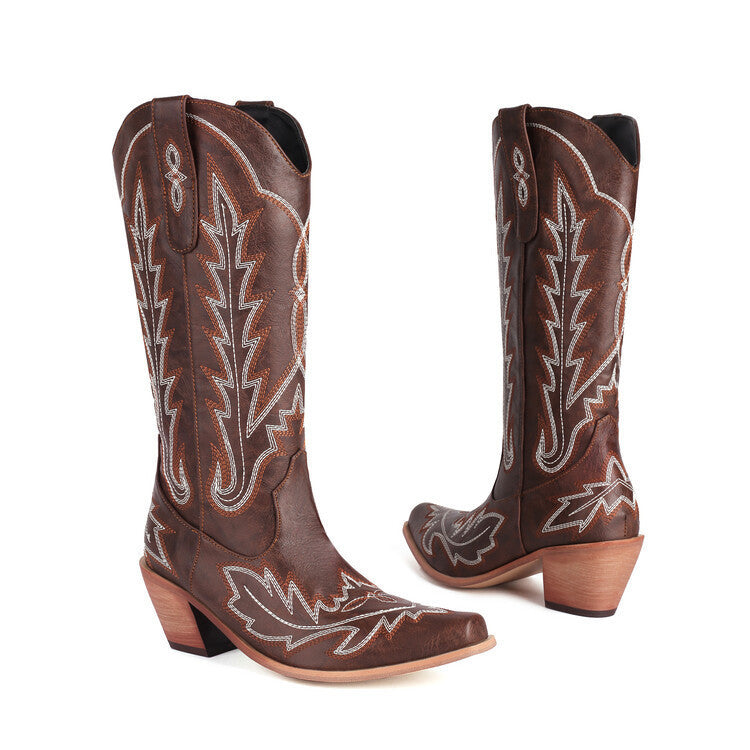 Valenzora | Embroidered Long Knee-High Boots Pointed Toe Chunky Heel High Heel