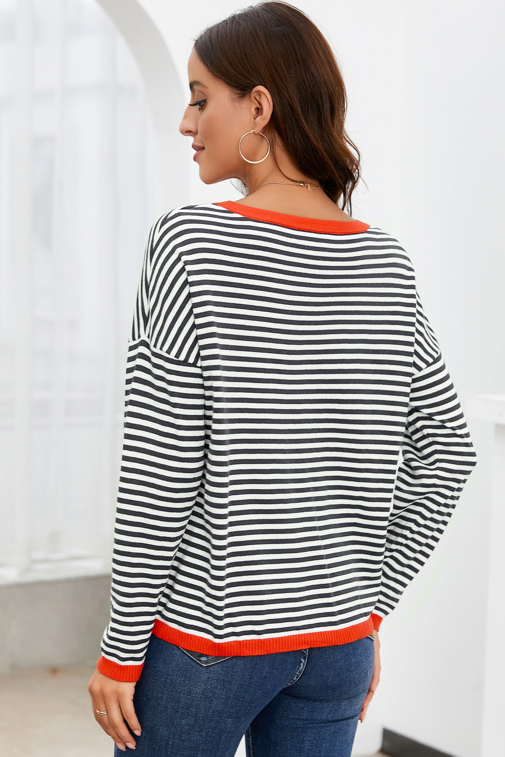 Valenzora | Striped crew neck drop-shoulder T-shirt