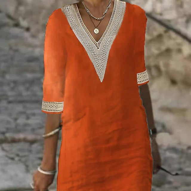 Valenzora | Simple cotton linen dress with V-neck and half sleeves