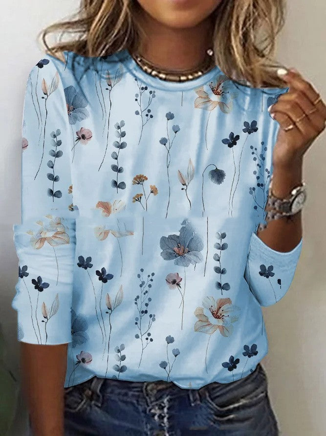 Valenzora | T-Shirt mit Blumenmuster und Rundhalsausschnitt für den Frühling