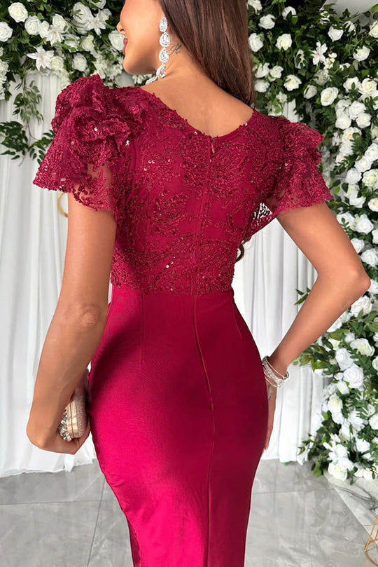 Valenzora | Dreamy luxury lace and satin patchwork ruffled flared midi dress