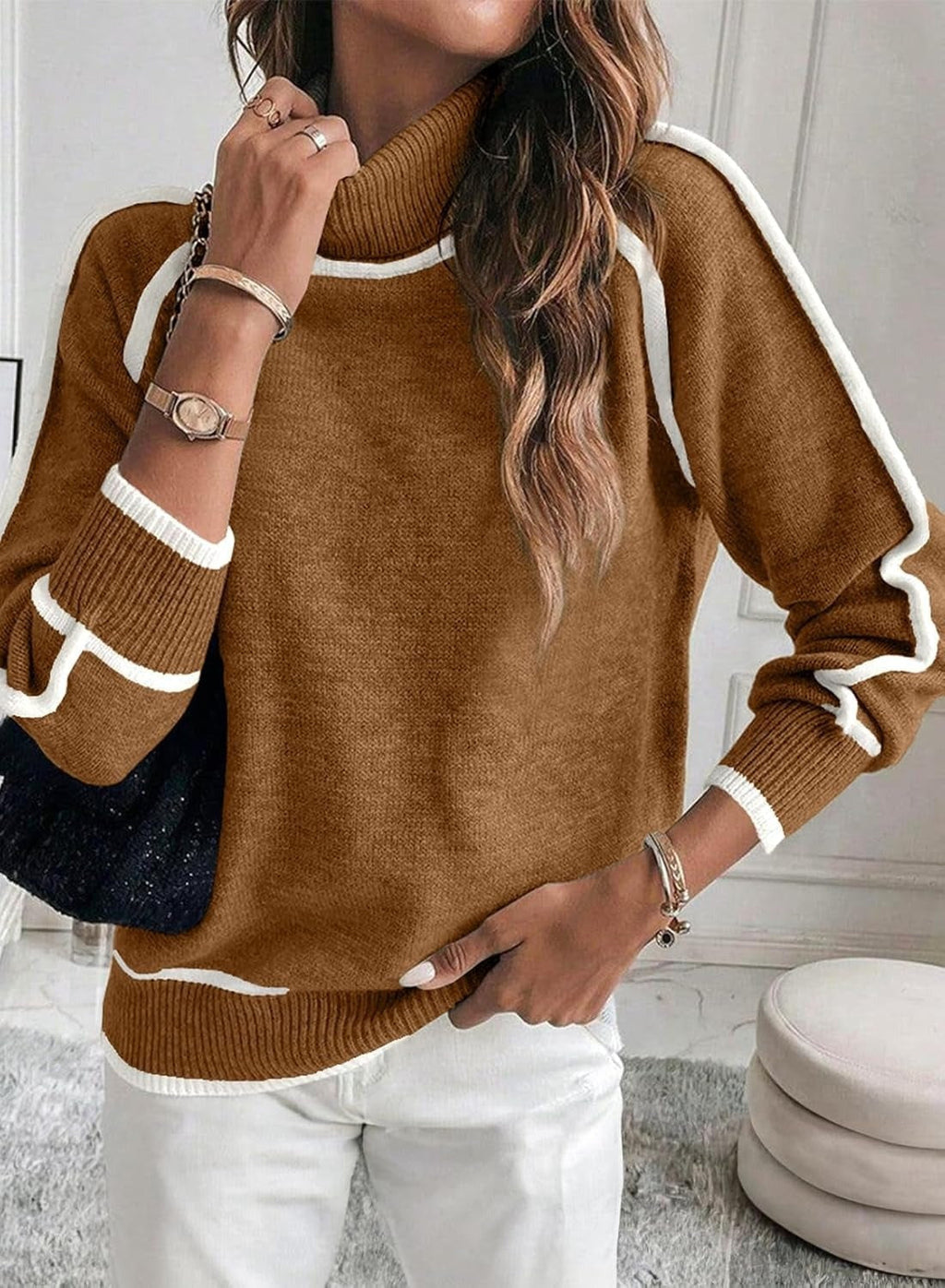 Valenzora | Damen-Rollkragenpullover mit Kontrastnähten – lässiger Oversize-Pullover