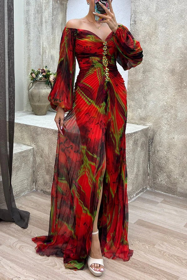 Valenzora | Sunset Serenade Printed Off-Shoulder Maxi Dress with Diamond Embellishments and Pleated Skirts with Slits