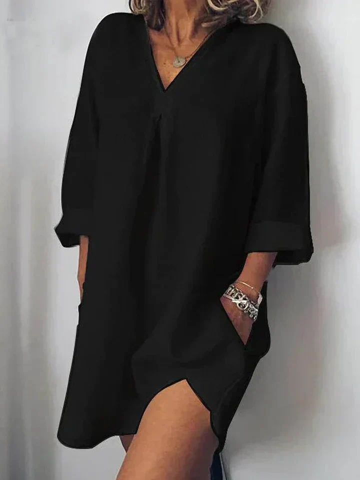 Valenzora | Linen dress V-neck & half sleeves