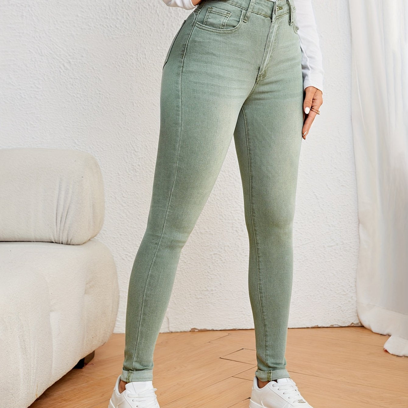 Valenzora | Olive Green High Waist Slim Fit Jeans with Stretch Denim