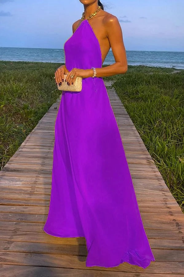 Valenzora | Sunny In Santorini Chain Halter Backless A-Line Holiday Maxi Dress