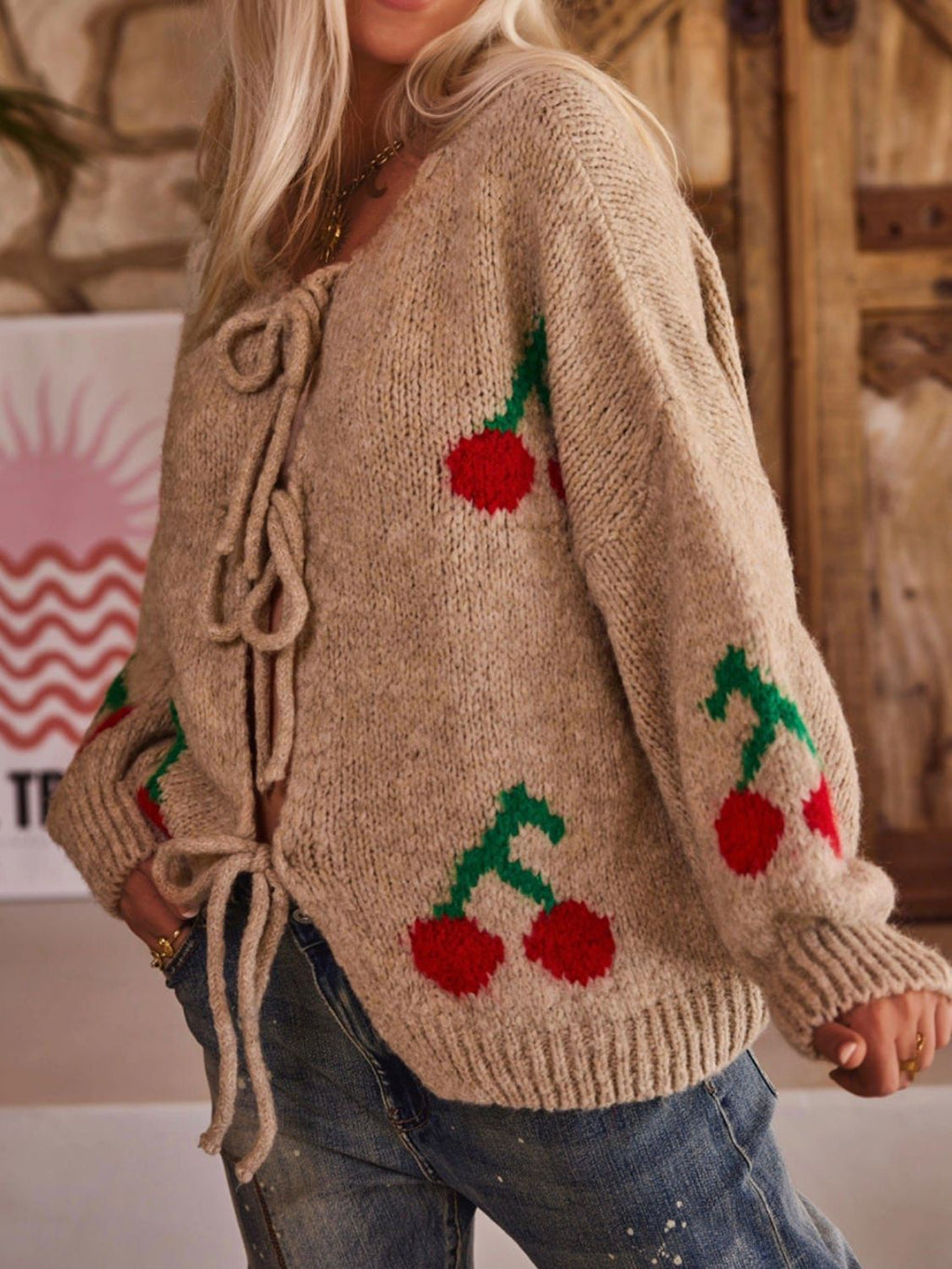 Valenzora | Cardigan mit Rundhalsausschnitt und langen Ärmeln, Bound Cherry