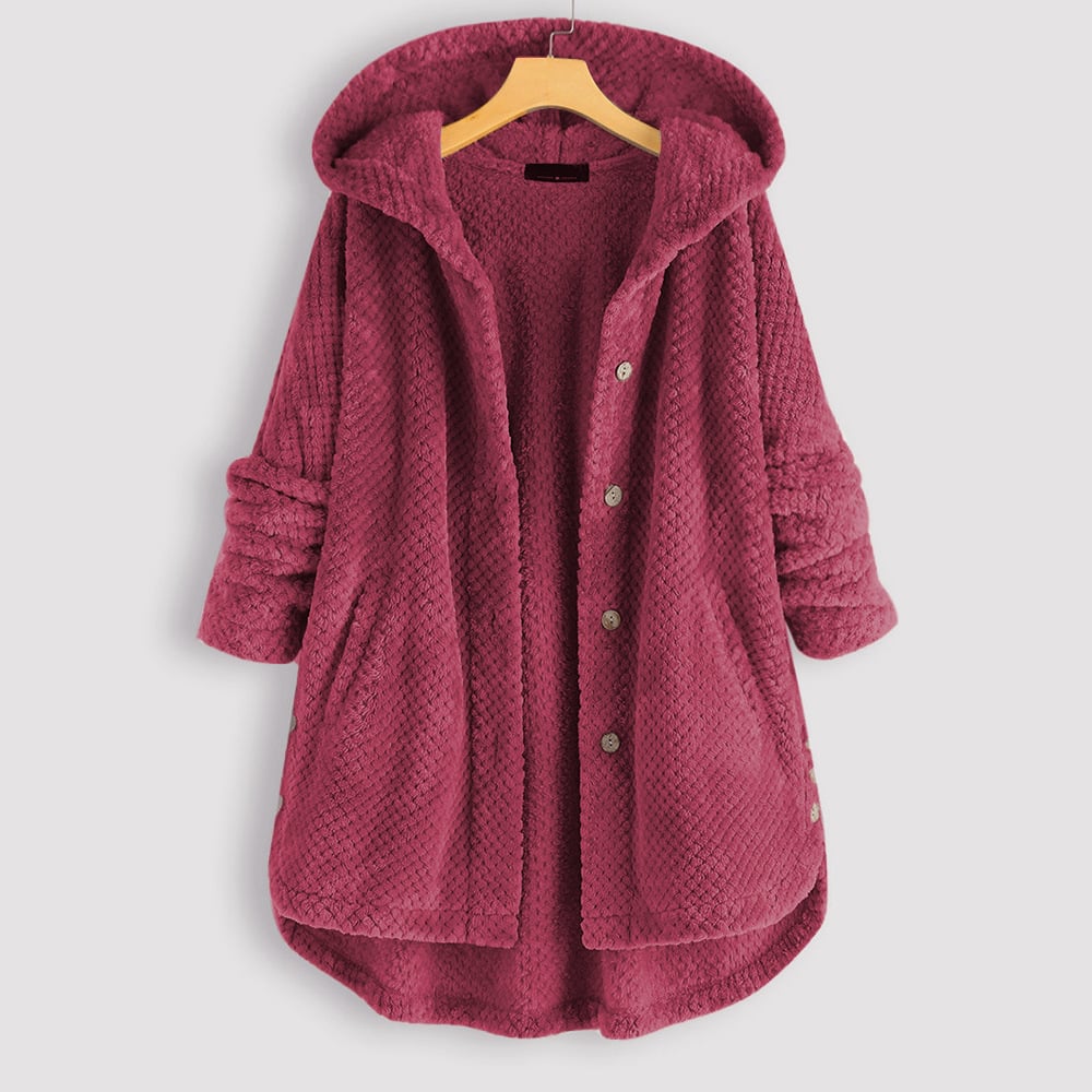 Mid-length, reversible fleece jacket with hood for winter