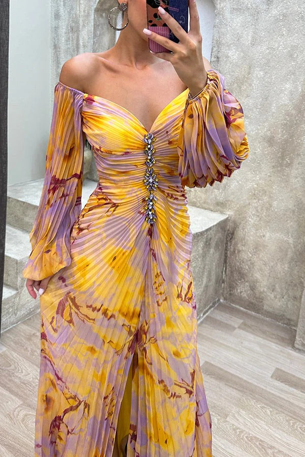 Valenzora | Sunset Serenade Printed Off-Shoulder Maxi Dress with Diamond Embellishments and Pleated Skirts with Slits