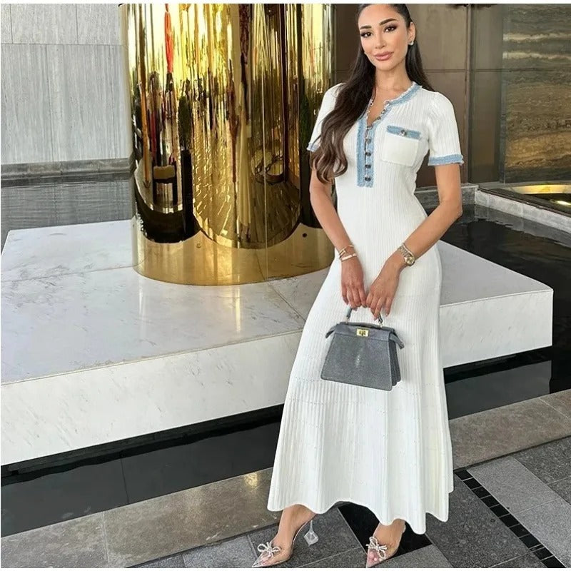 Denim patchwork button knit dress