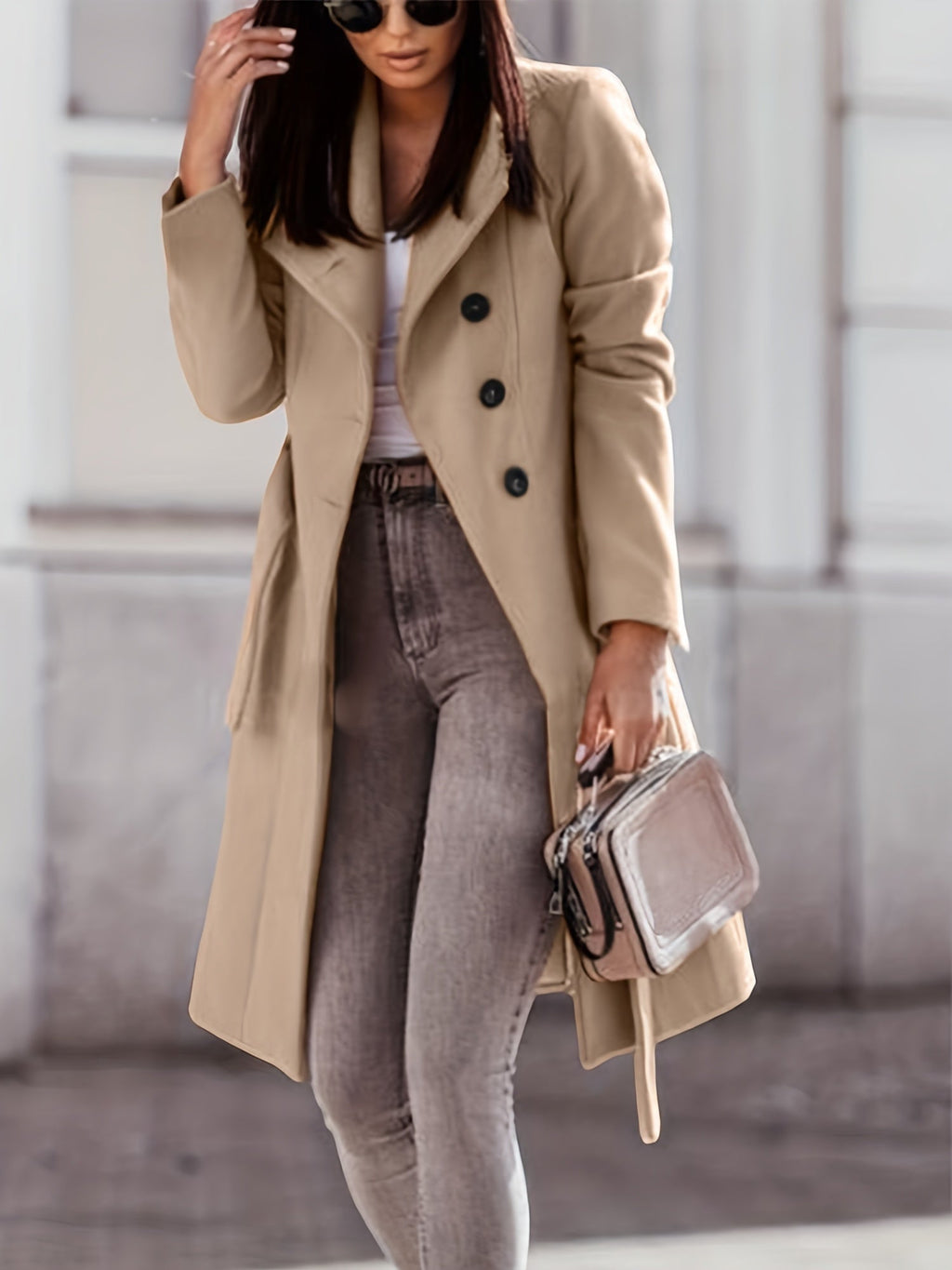 Valenzora | Damen zweireihiger Trenchcoat aus Wollmischung, Slim Fit, Knielang