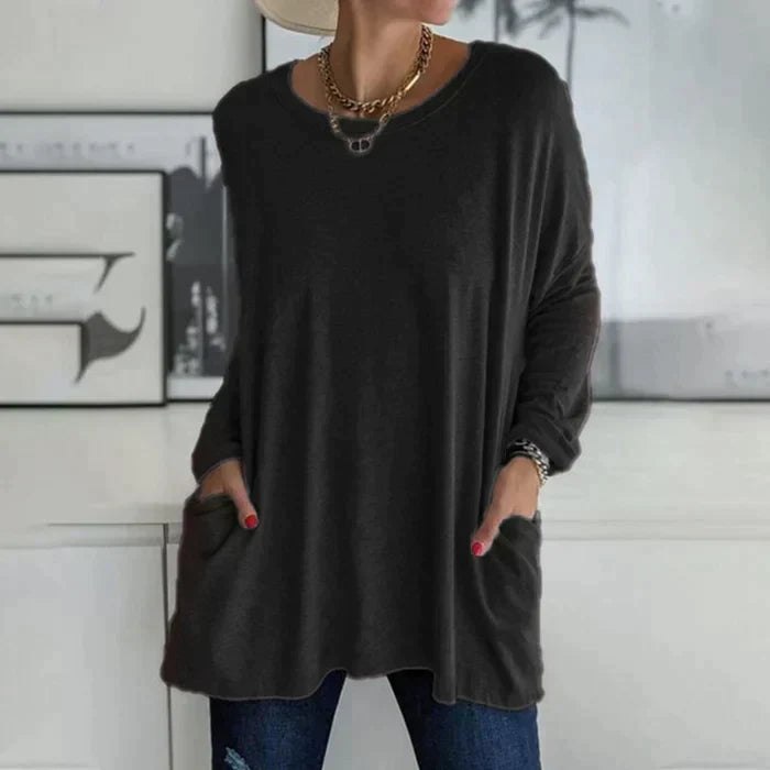 Valenzora | Fashionable tunic top with pockets - Relaxed fit, round neck, long sleeves