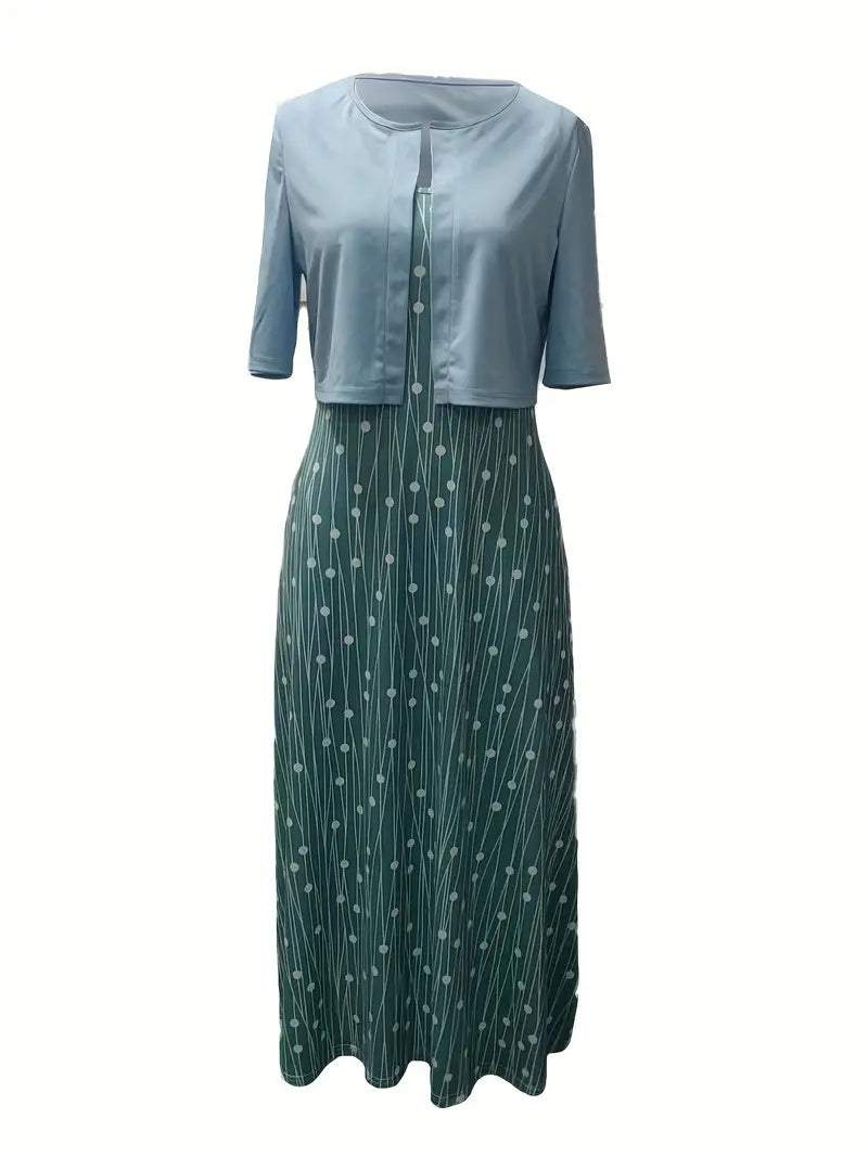 Valenzora | Elegant two-piece floral dress set with solid color crop top and round neck dress