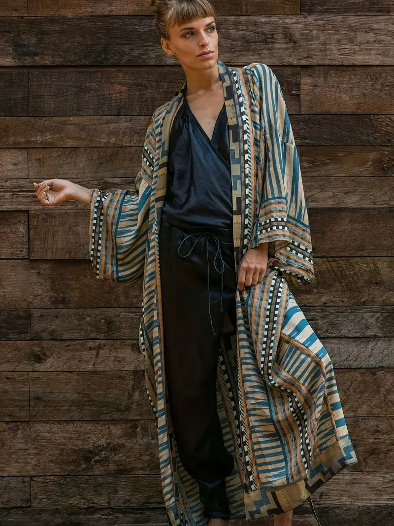 Valenzora | Boho Plus Size Kimono with Tie Belt Maxi Tunic