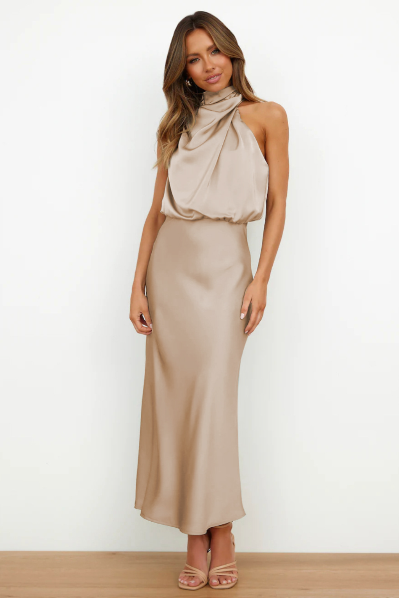 Valenzora | Elegant midi dress with asymmetrical round neckline