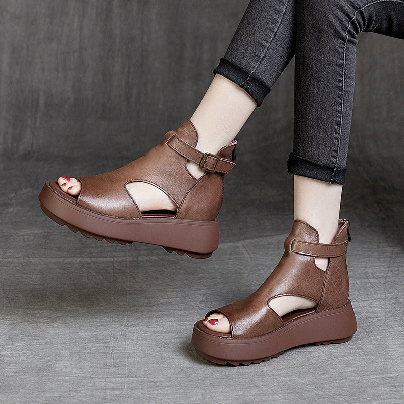 Valenzora | Summer New Retro First Layer Cowhide Back Peep Toe Sandals for Women