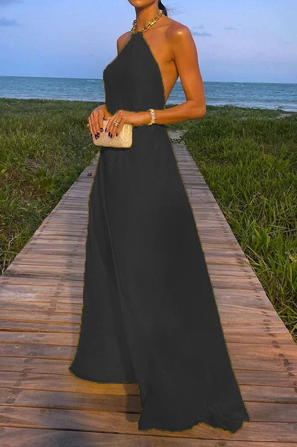 Valenzora | Sunny In Santorini Chain Halter Backless A-Line Holiday Maxi Dress