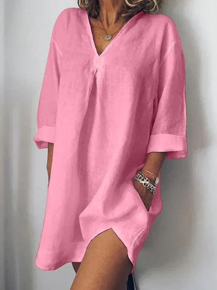 Valenzora | Linen dress V-neck & half sleeves